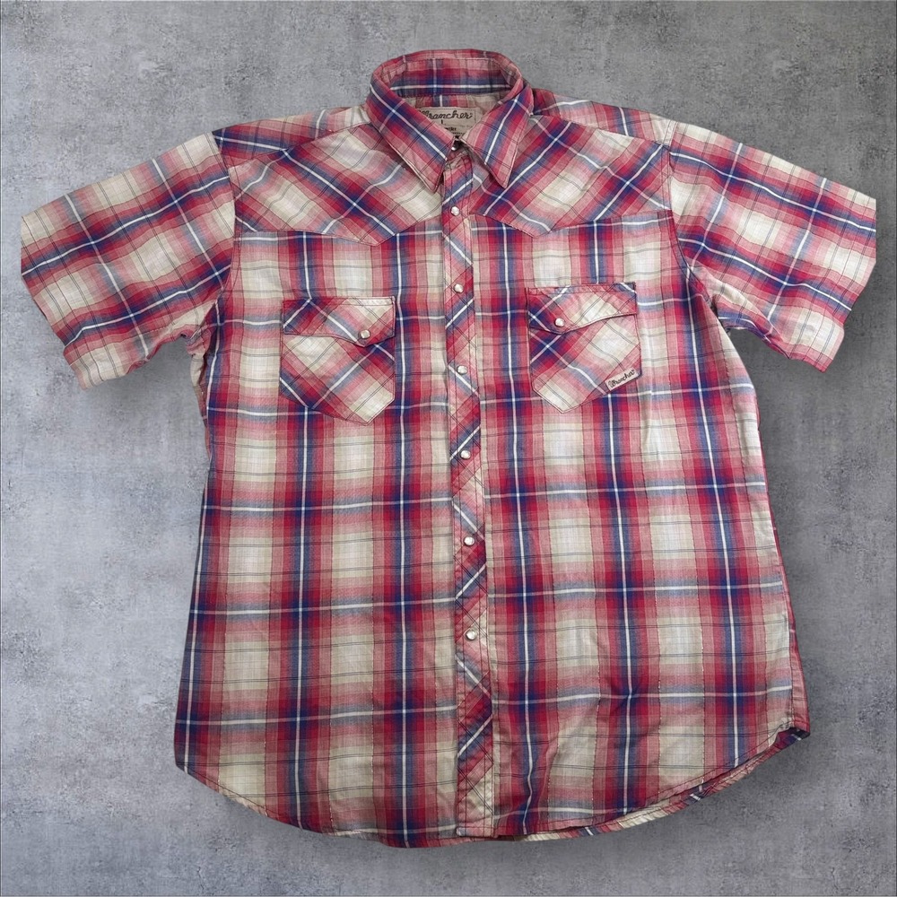 Vintage Wrangler "Wrancher" Western Pearl Snap Shirt Plaid‎ Mens Large 1908s